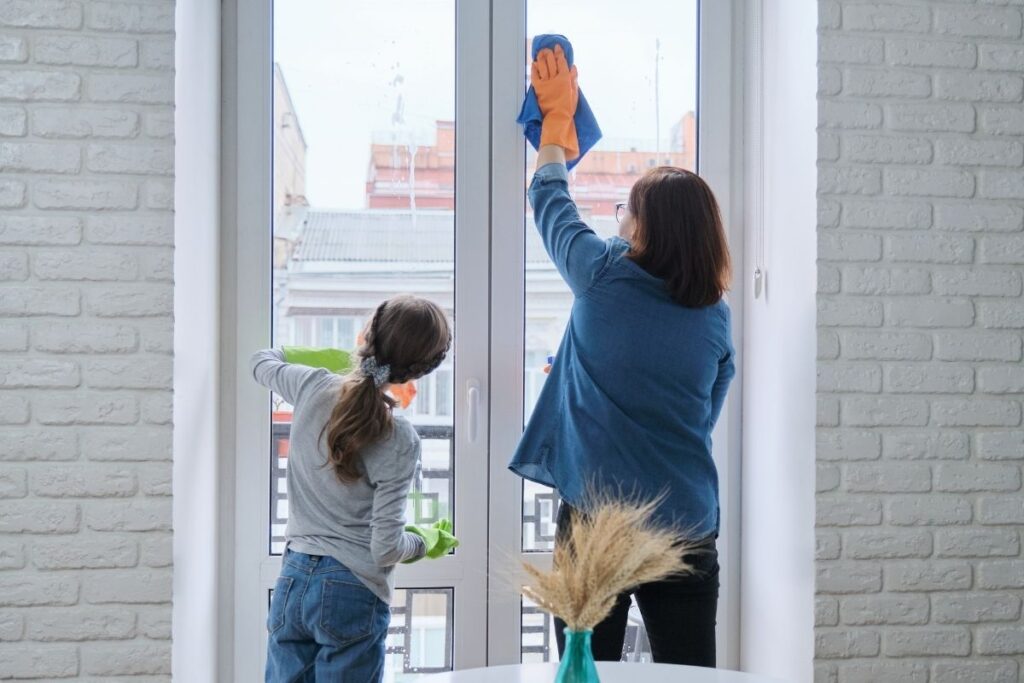 mom and daughter cleaning