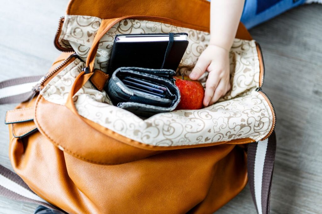 purse with notebook, wallet, and apple