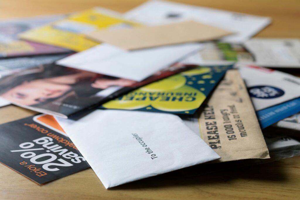 junk mailed piled up on wood furniture