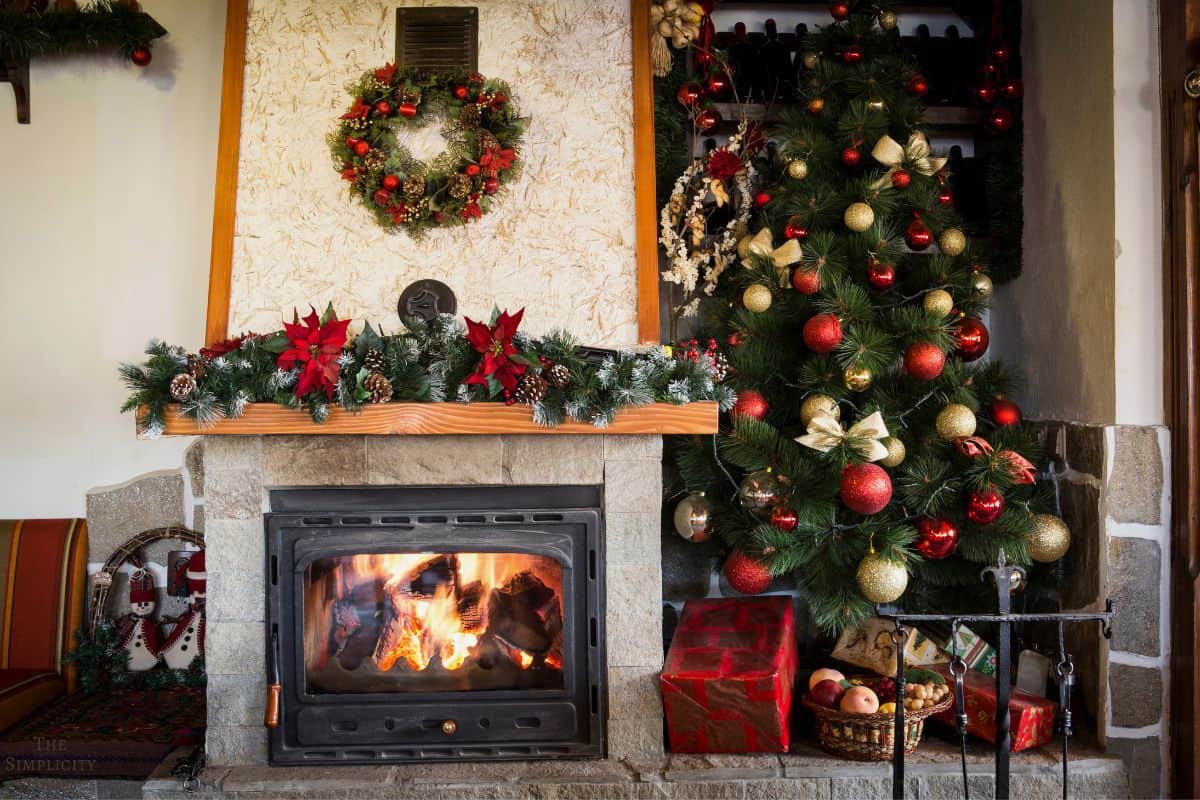 Christmas tree with ornaments and decorated mantle for the holidays