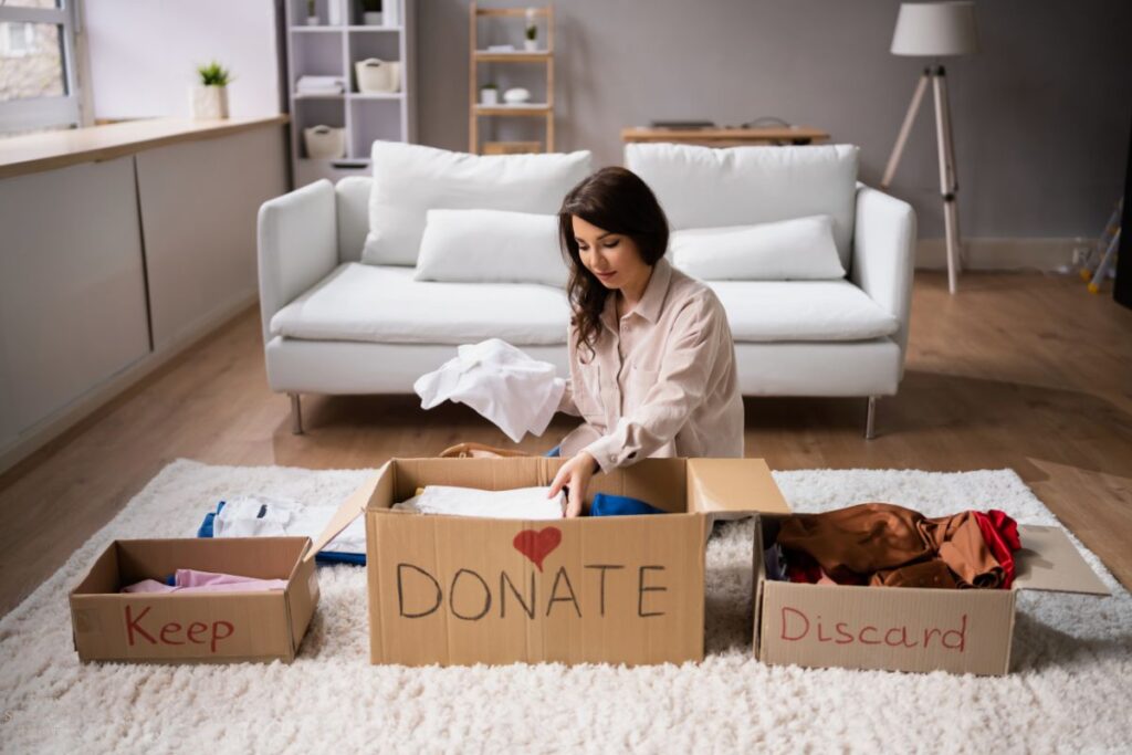 woman sorting clothes between keep, donate, and discard