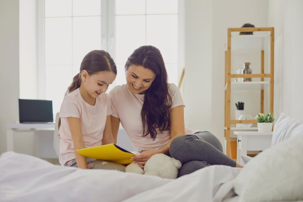 mom and daughter reading a book