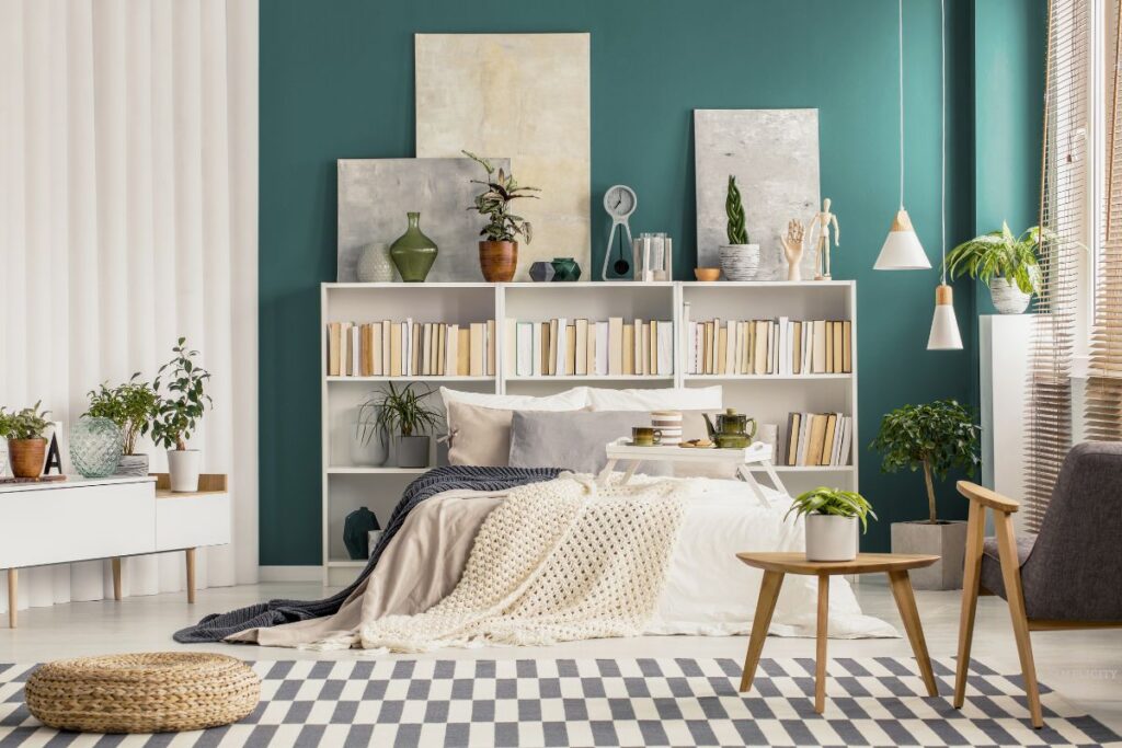 checkered rug in bedroom