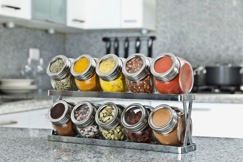 spice rack sitting on a kitchen counter