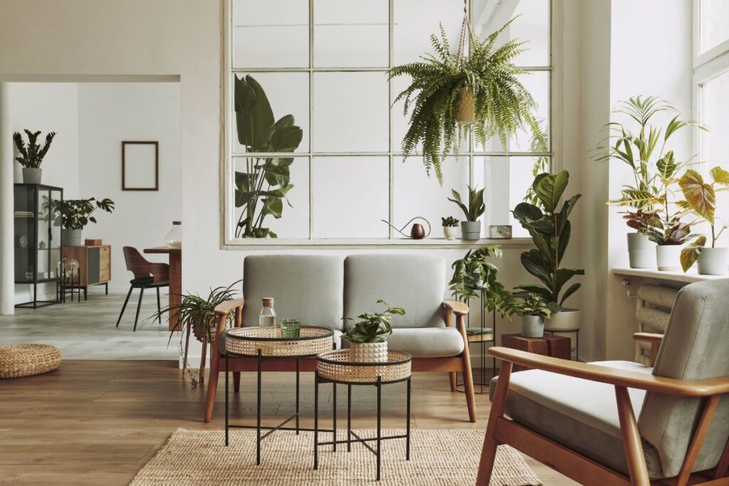 living room with many plants