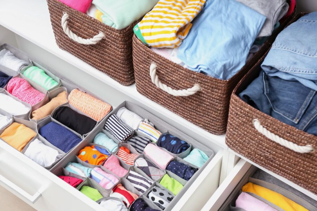organized drawers with clothing items