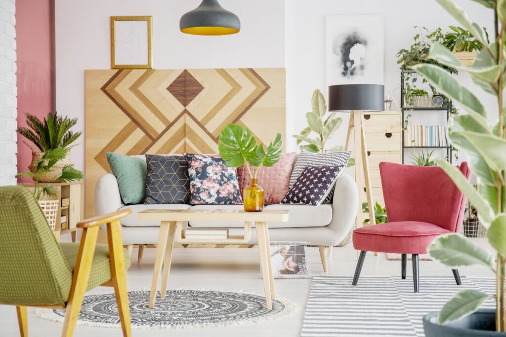 living room with a variety of colors and prints