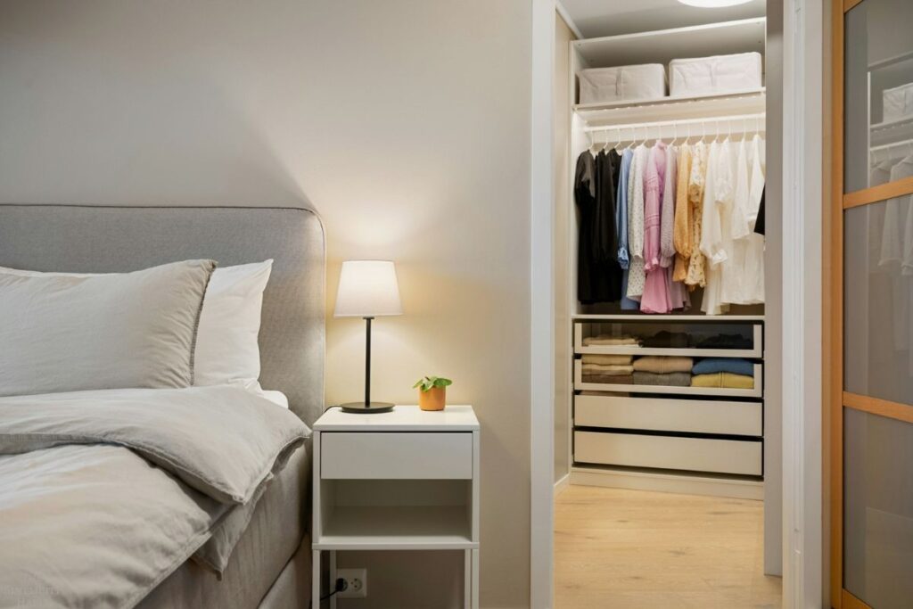 organized closet and bedroom